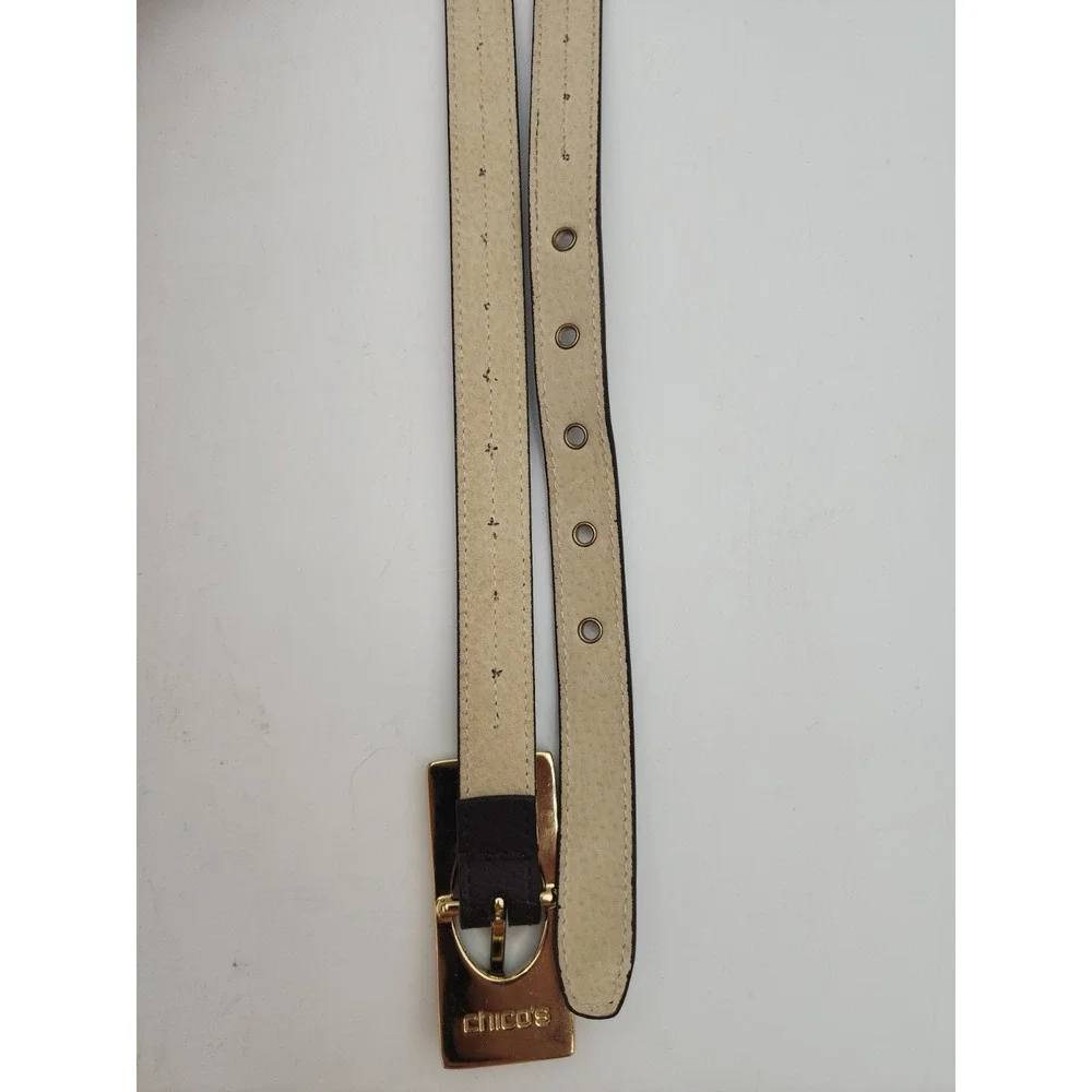 Vintage Chico's Skinny Belt Wood & Brass Rectangle Statement Buckle 35